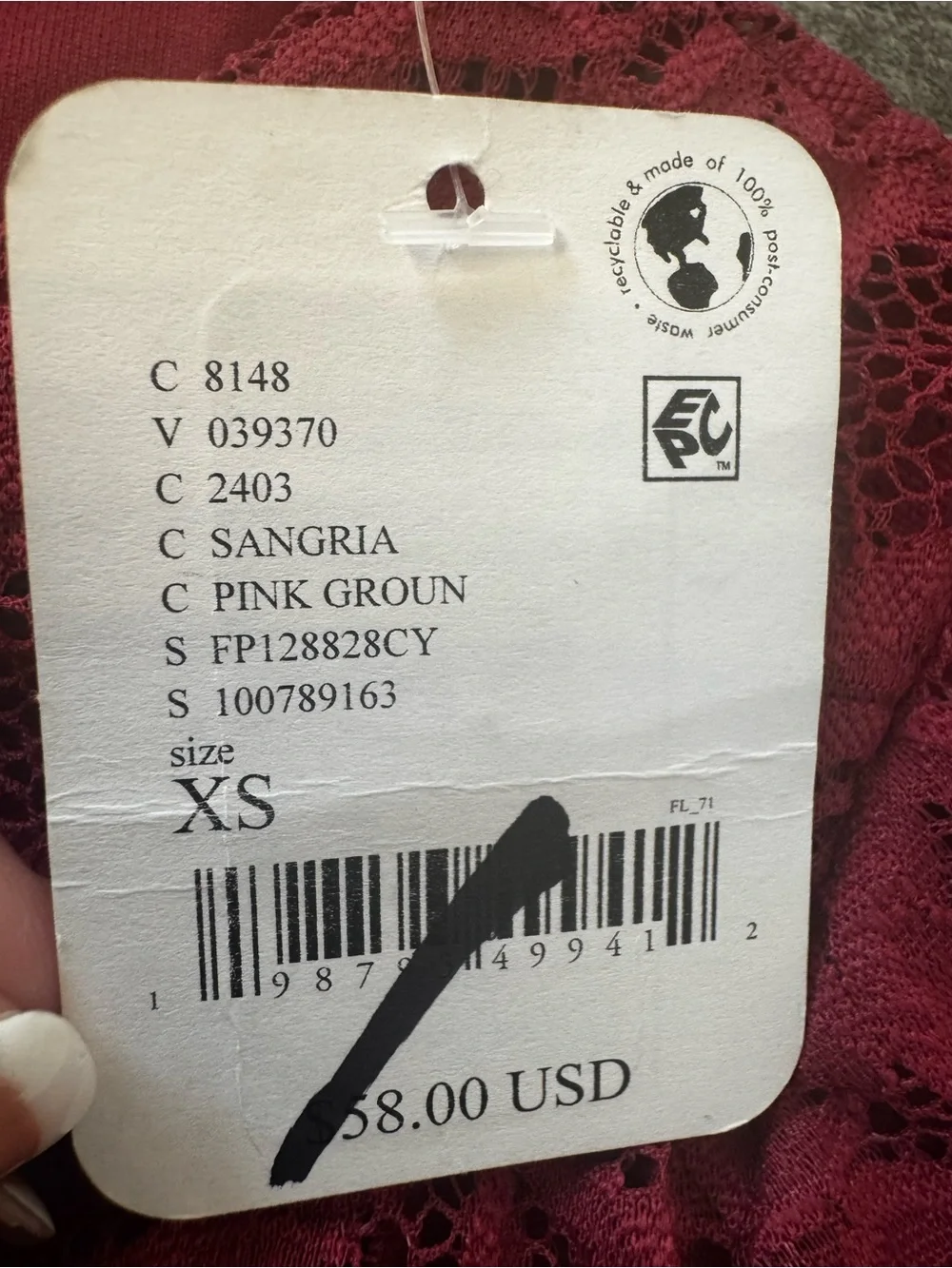 Intimately free people, long sleeve, laced, sangria, XS, new